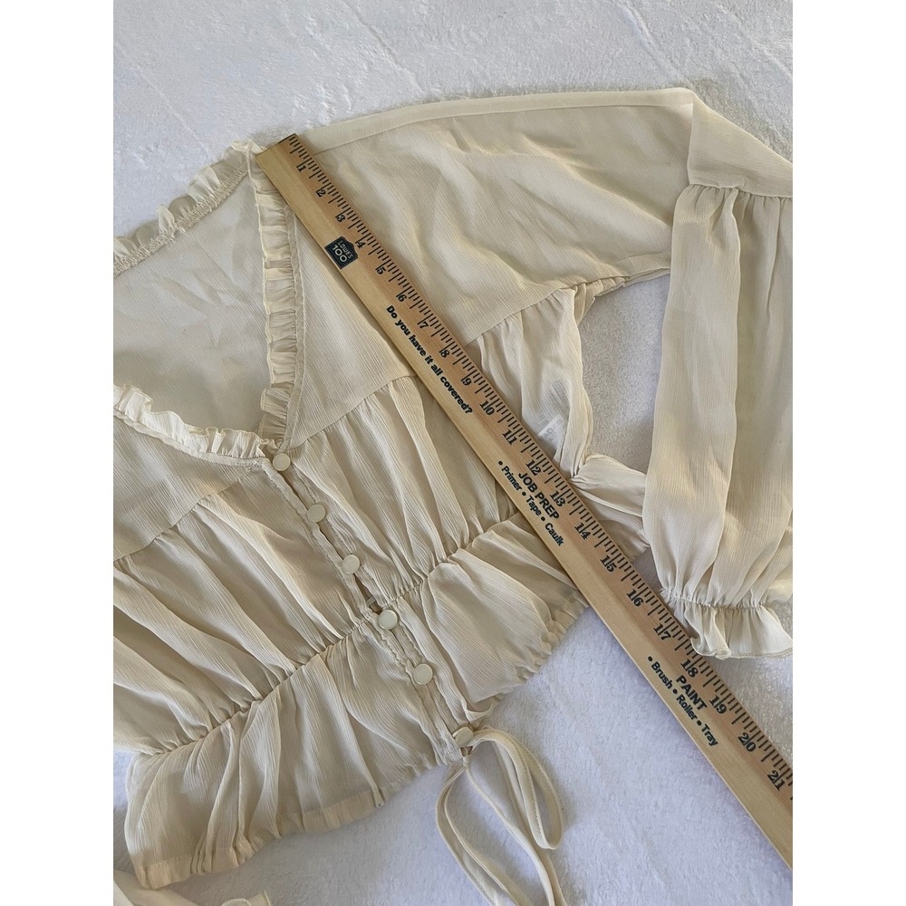 Forever 21 Cream Chiffon Ruffle V-Neck Cropped Blouse Balloon Sleeve Small - Picture 3 of 12